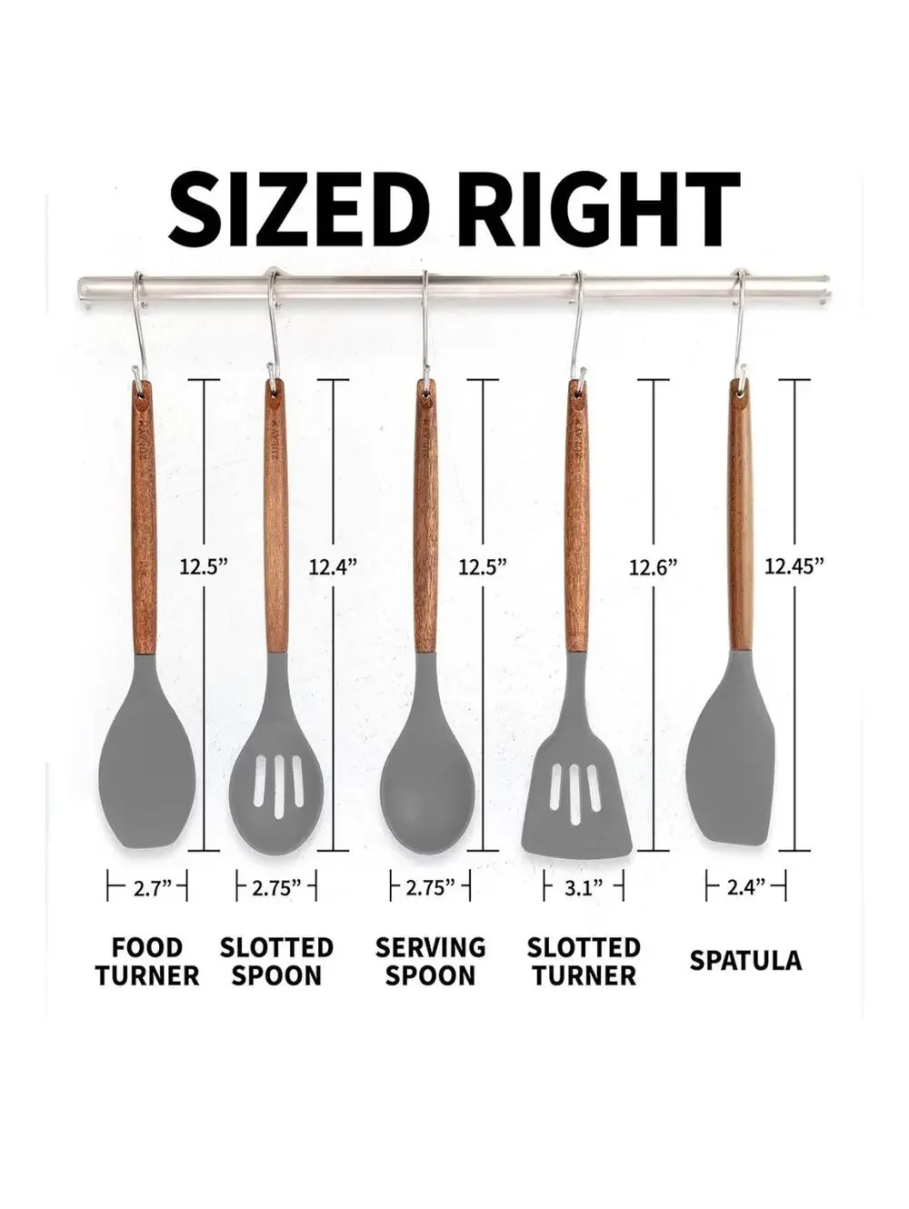 Zulay Kitchen 5PSilicone Cooking Utensil Set Wooden Handle Spatula SpoonNonstick